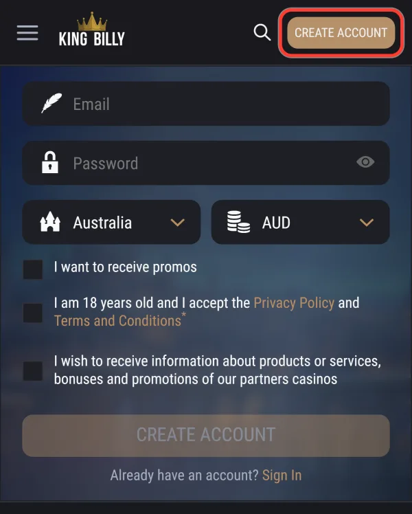 Create Account button in the King Billy header after the Android app is launched