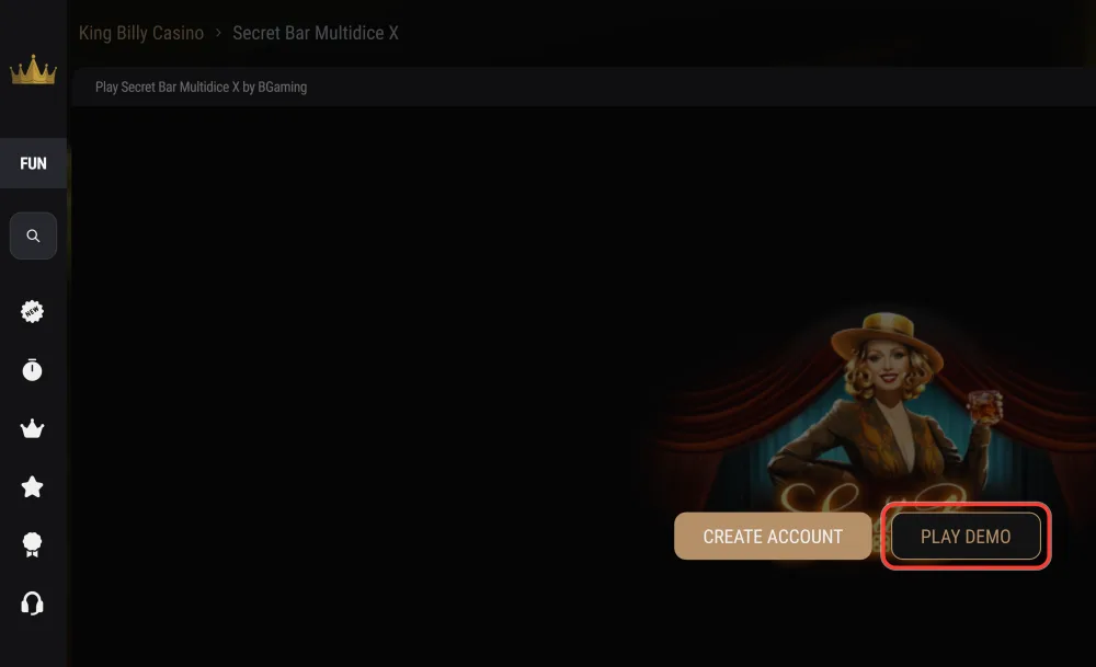 Play Demo button on a King Billy pokie page, open to guests without an account