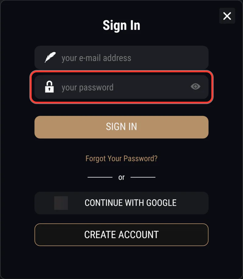 Password field with the eye icon that shows the typed characters