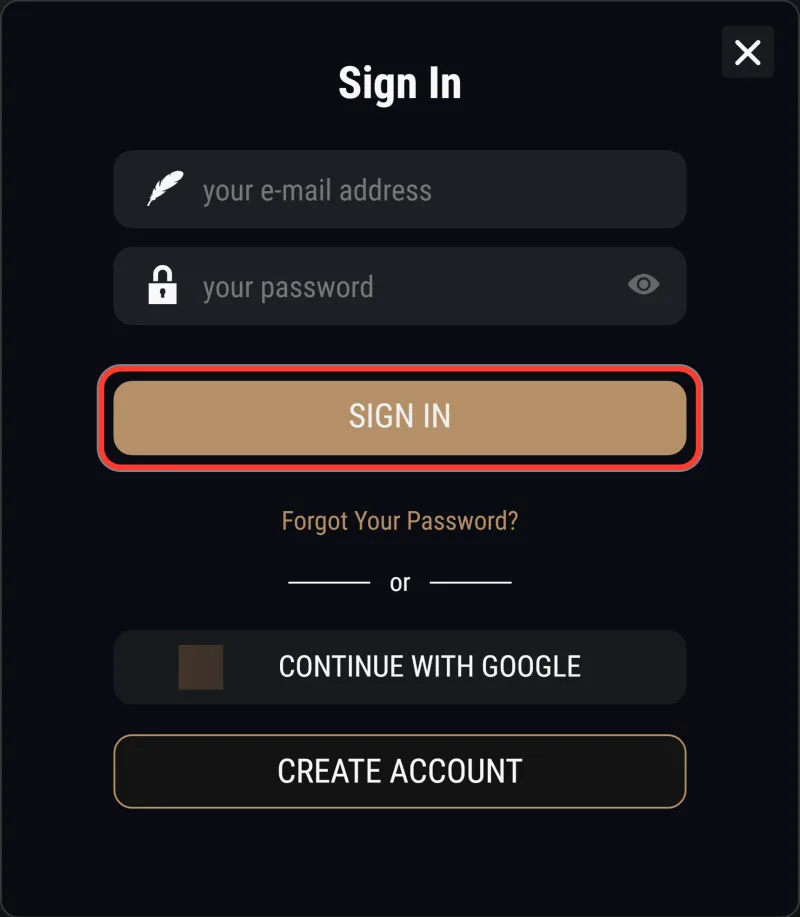 Sign In button under the email and password fields of the login form