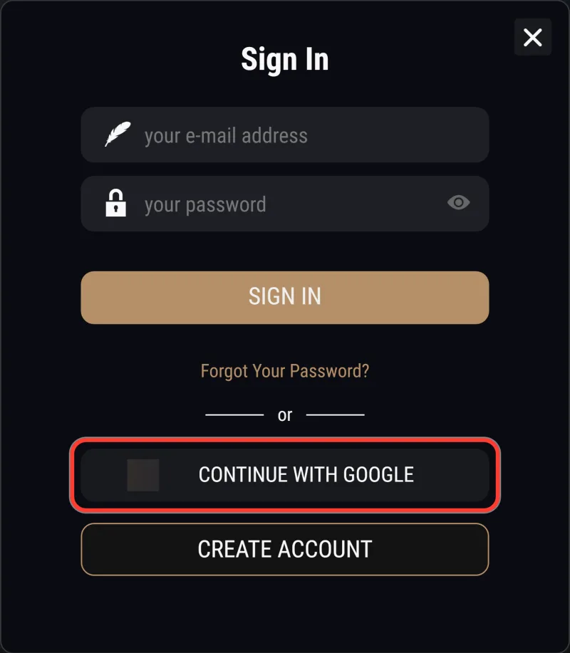 Continue with Google button below the or divider in the Sign In window