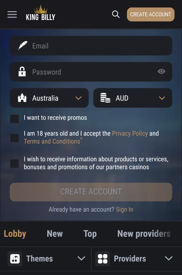 King Billy mobile site on an iPhone: sign-up form in AUD and the Lobby, New and Top tabs
